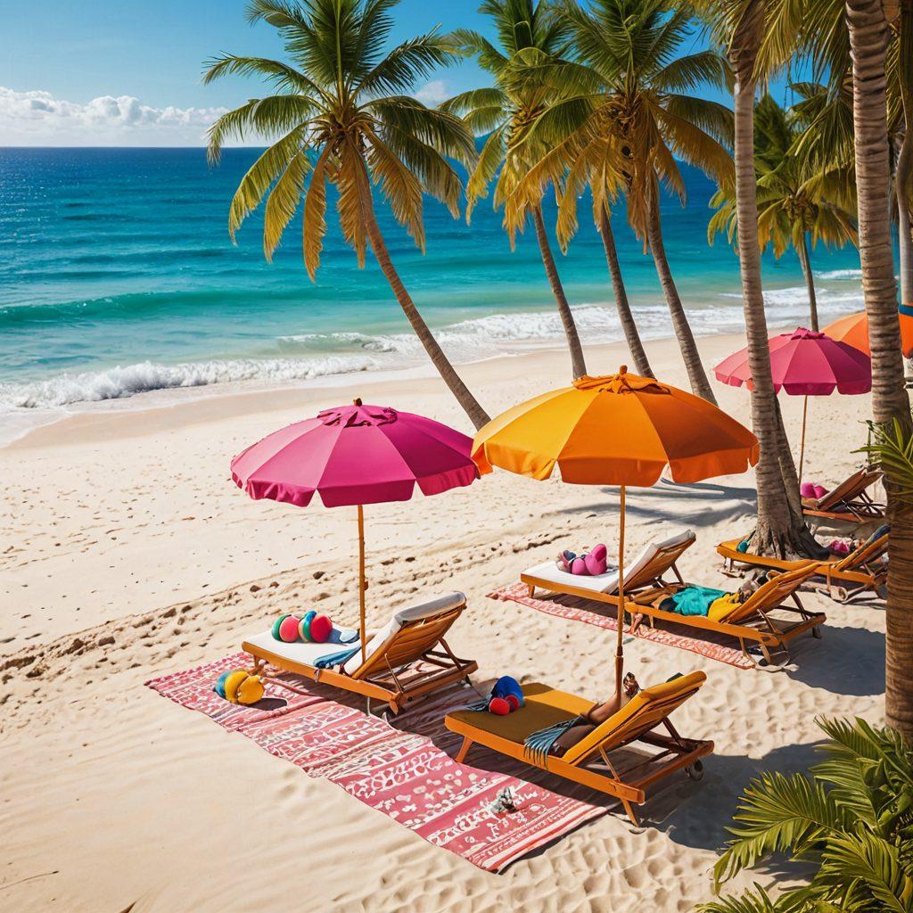 A vibrant beach scene showcasing diverse women in stylish bikinis and beachwear, lounging under palm trees, with waves gently crashing in the background. Bright sun umbrellas and colorful beach balls scattered around, creating a lively summer vibe. Include a warm sunset casting golden hues over the ocean, adding a dreamy atmosphere. Captivating details of accessories like sunglasses and hats scattered on beach towels enhance the fashion aspect. 3D rendering. vibrant colors.