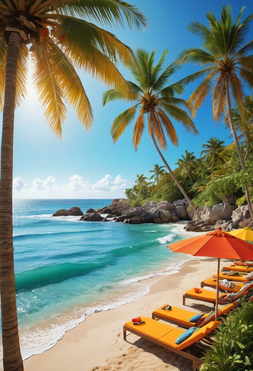 A vibrant beach scene showcasing diverse individuals in stylish beachwear, lounging by an inviting poolside that seamlessly transitions into a picturesque shoreline. Include colorful umbrellas, sun loungers, and palm trees, with people enjoying sun-soaked activities like reading and sipping cocktails. Capture the essence of summer and style, with the ocean waves gently lapping at the shore in the background. sunlit, cheerful, tropical atmosphere. super-realistic. vibrant colors. 3D.